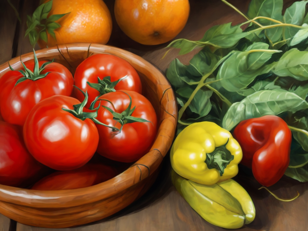 a bowl of tomatoes, peppers, and oranges on a table with greens and oranges in the background, a stock photo, incoherents, Arcimboldo, professional food photography