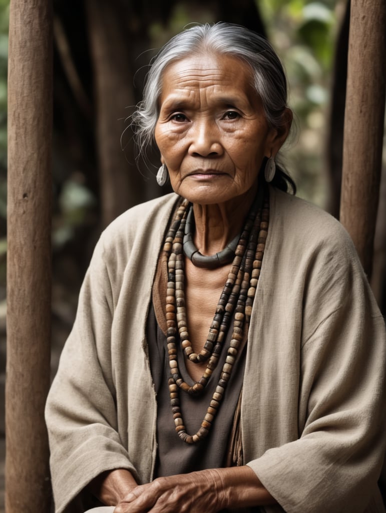 old filipino lady who looks like a native healer. whole body. looks trustworthy