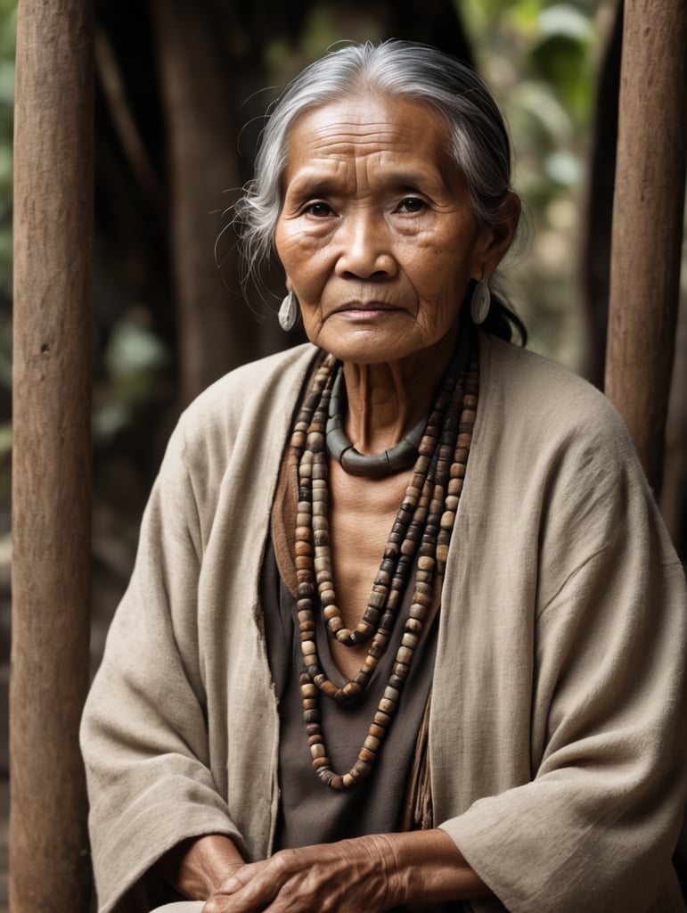 old filipino lady who looks like a native healer. whole body. looks trustworthy