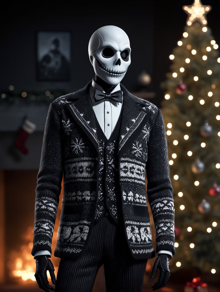 Jack Skellington standing wearing an ugly Christmas sweater