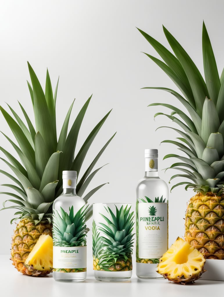 Packaging and branding for a pineapple vodka brand as if it had been designed by HI ESTUDIO with In a set design with pineapple, pineapple leaves, mockup