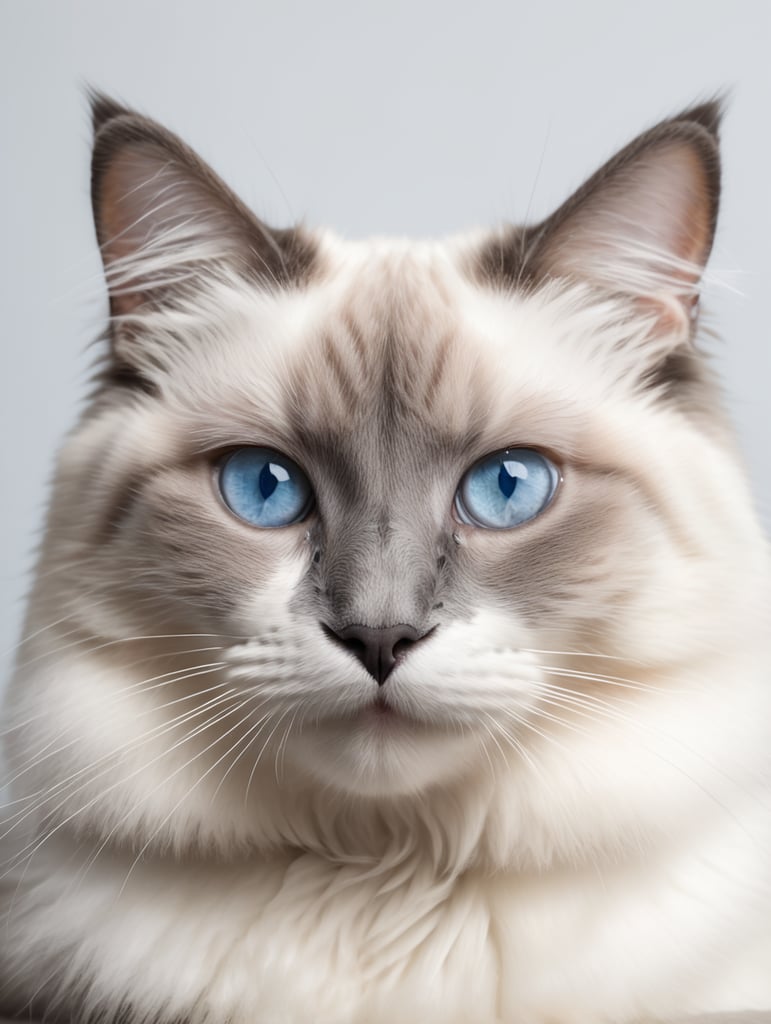 Ragdoll cat with blue eyes looking at the camera. Smiling face. Shot in studio on white background