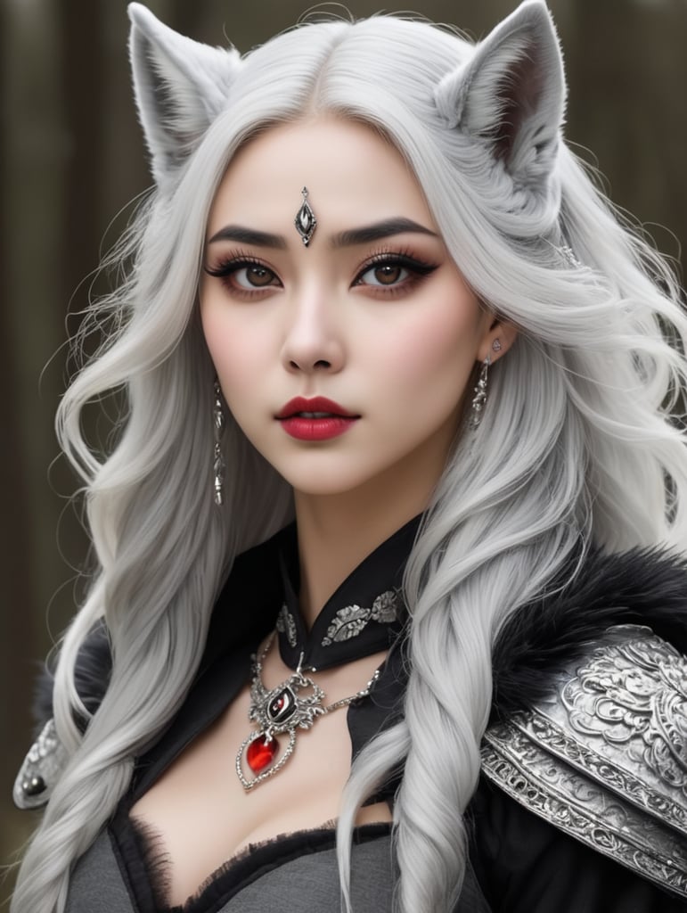 Loona is a hellhound with a wolf-like appearance, She has a pointed, dog-like muzzle with sharp and pointy teeth, and a dark grey nose, Her eyes have red sclera with white irises, and she wears grey eye shadow and black winged eyeliner for makeup, She also has a piercing on her right eyebrow with a black hoop for jewelry, Her fur is white with grey countershading encircling her face, grey patches on her shoulders, and long, voluminous silver hair swept to the side to reveal her dark grey ears - the left of which is pierced with two small, black hoop earrings, while the right is ragged, She has a large, dark grey bushy tail with white on the underside.