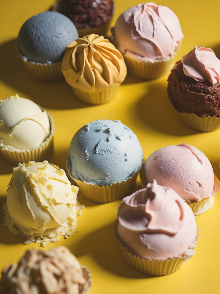 ward - winning photo by slim Aarons of different types of ice cream on a yellow background, closeup shot, magic realism, high quality photorealistic, hyper high quality photography, hyperrealistic, Natural lighting, Unreal Engine 5, Color Grading, Editorial Photography, Photography, Photoshoot, Shot on 70mm lense