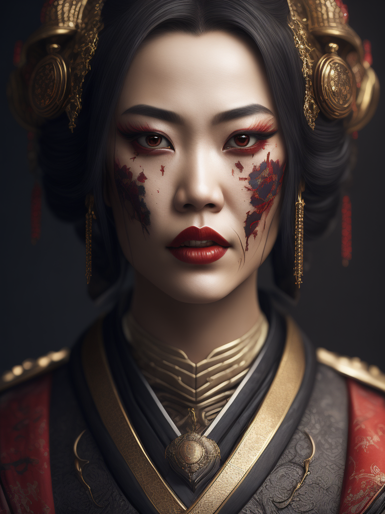 Portrait art of undead geisha, detailed, intricate, full of colour, cinematic lighting, 4k, focused, extreme details, cinematic, masterpiece