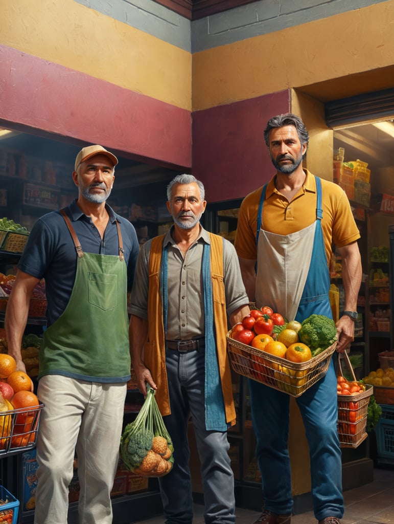 Beautiful shop owner man with grocery store, vibrant, detailed ware