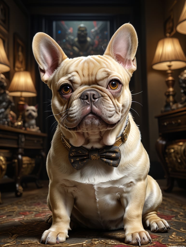 short-haired beige french bulldog simon cartoon background