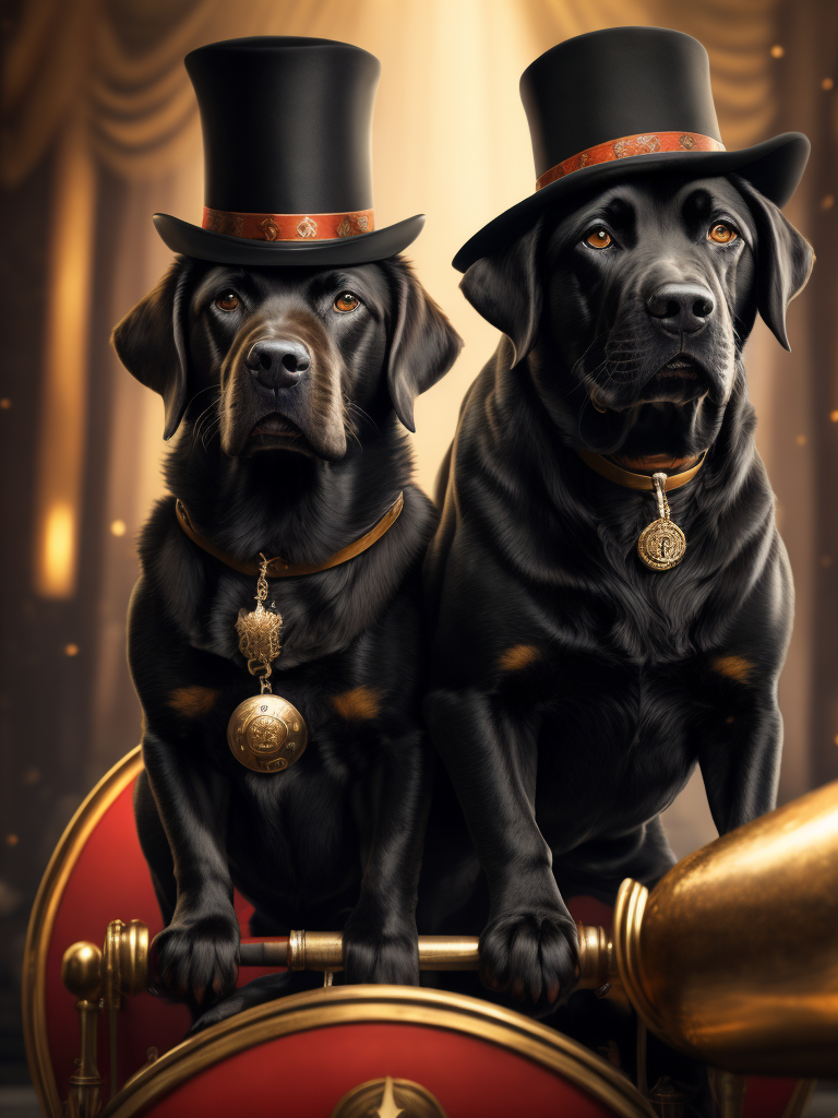Two black labrador dogs in a circus. One dog is the ringmaster and is wearing a top hat. The other dog is being fired out of a cannon. There are lions in the background.
