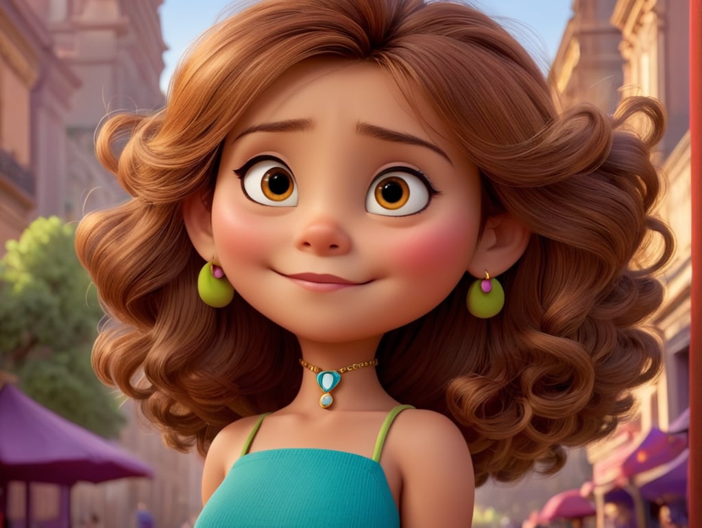 A Disney Pixar-inspired movie poster with title "Lulu Ribas", the scene should be in the distinct digital art style of Pixar in front of the Amazon opera theater, with a focus on character expressions, light Brown Curly hair, vibrant colors, and detailed textures that are characteristc of their animations, with the title "Lulu Ribas"