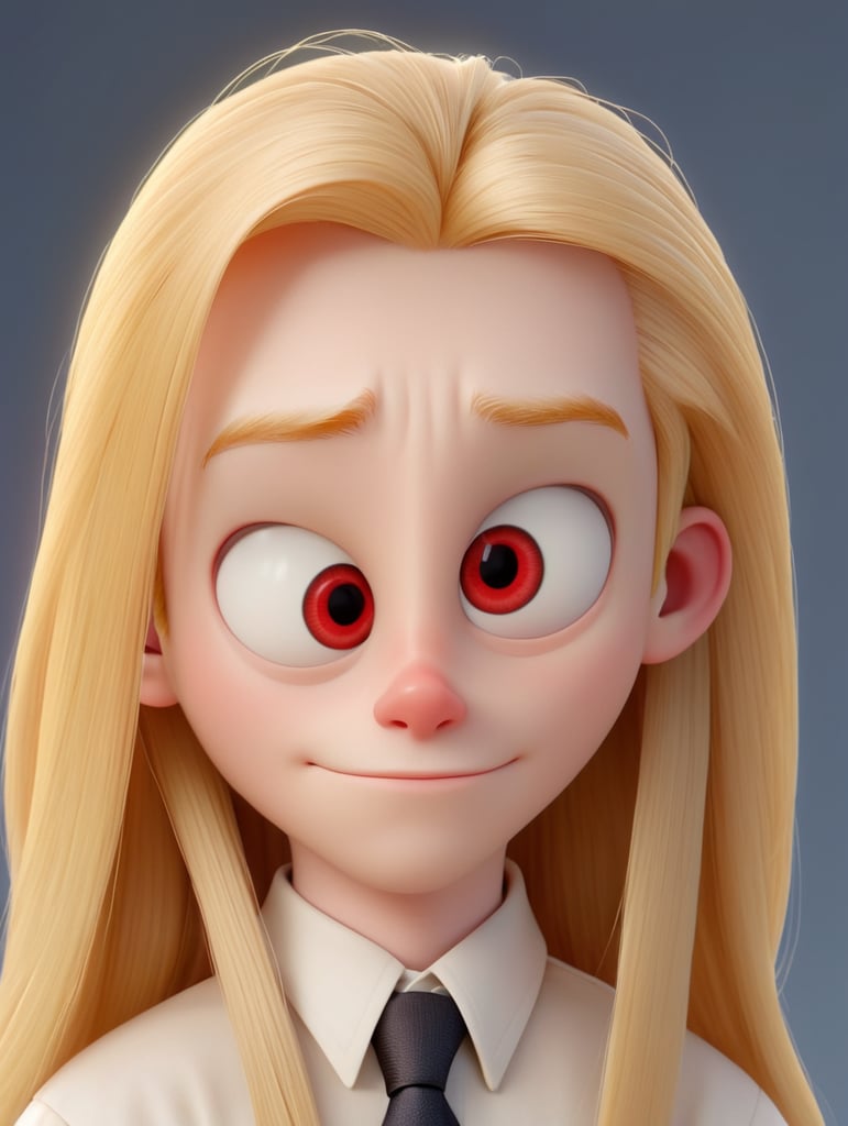 Young pale man, red eye, very long blonde straight hair