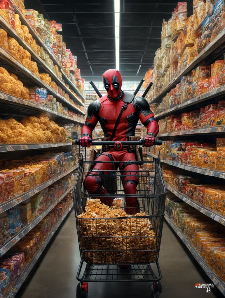 Deadpool fazendo compras com o Wolverine carrinho cheio de Sucrilhos