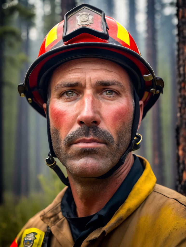 epic portrait of a Firefighter, forest fire, British Columbia Wildfire, Canada