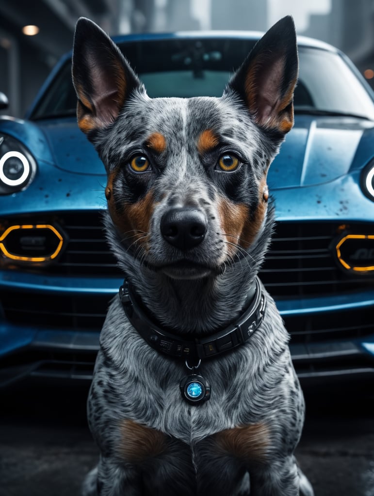 cyberpunk blue heeler with a black spot in the left eye in front of a cyberpunk porsche