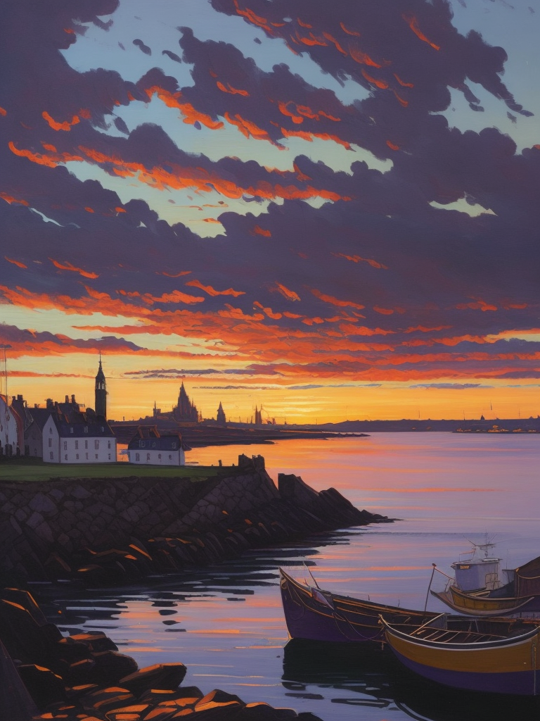 A painting by Andre Lhote. A painting of Dunbar Harbour at sunset captures the tranquil beauty and historic character of this Scottish harbor through an engaging fusion of Cubist and Fauvist styles. The peaceful waterfront, lined with fishing boats and surrounded by ancient castle ruins, is depicted using bold, fragmented shapes, while the surrounding rocky coastline and calm sea are rendered in warm hues of orange, pink, and purple. The scene conveys a sense of nostalgia and maritime heritage, reflecting the essence of Dunbar Harbour at sunset.