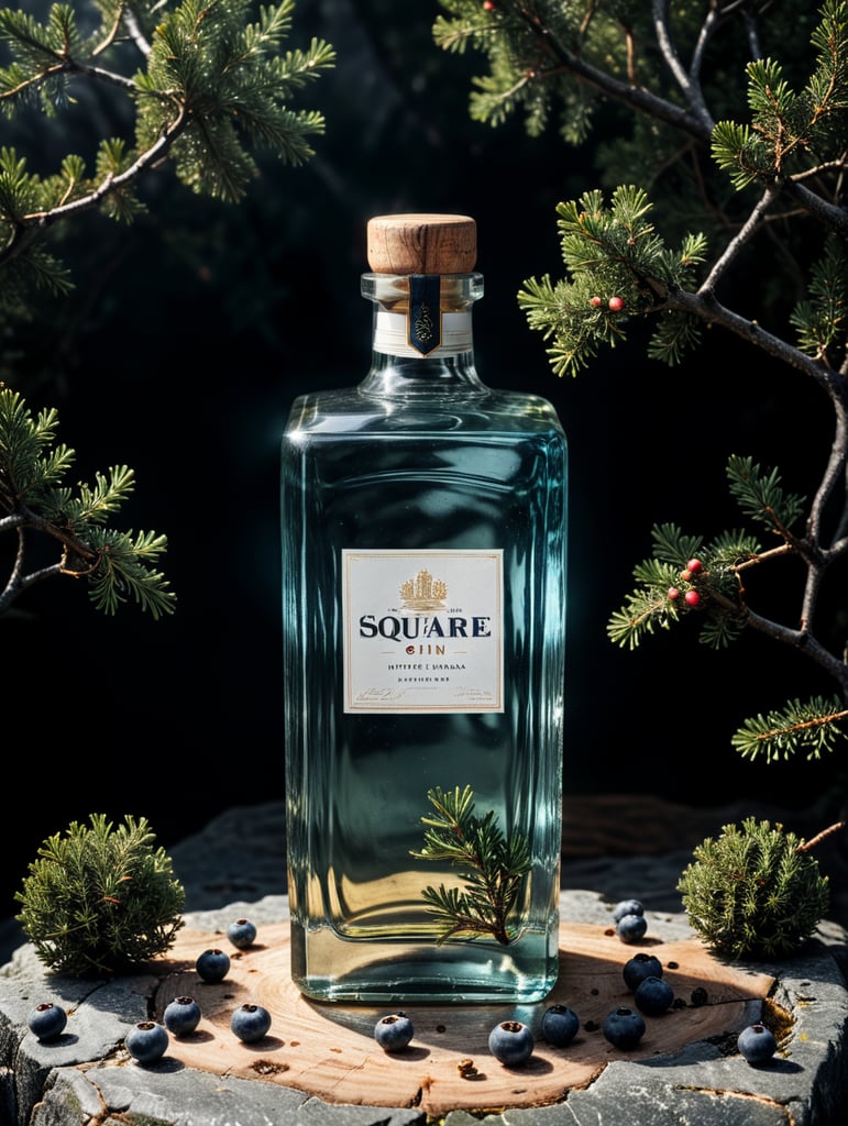 professional photography of a square gin bottle, square bottle, surrounding a juniper and juniper berries, one shot of gin in a front, no label, clear, mockup
