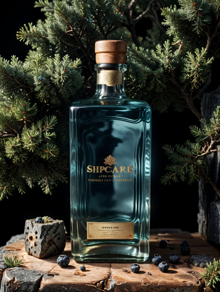 professional photography of a square gin bottle, square bottle, surrounding a juniper and juniper berries, one shot of gin in a front, no label, clear, mockup