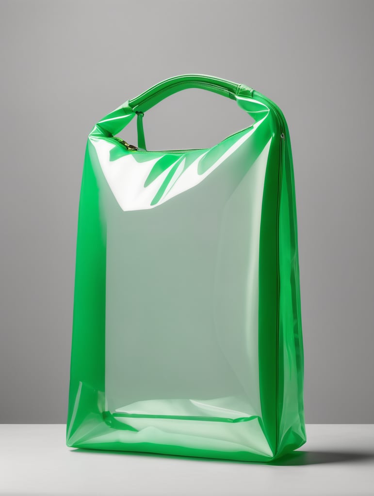 Inflatable vibrant green minimalist women's bag, transparent, isolated, grey background, mockup