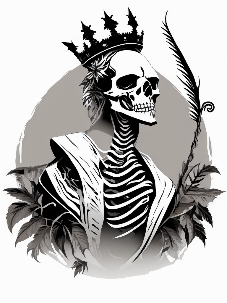 A vector art of a queen skeleton tattoo, linocut, white background, albrecht durer