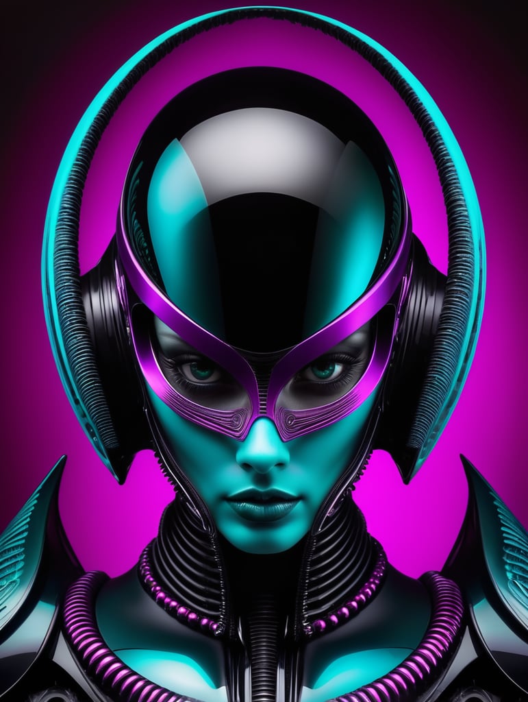 beautiful xenomorph pop artist all black mirror whit half futuristic mask helmet transparent traslucid mirror sleek futuristic outfit, with huge headpiece center piece, clean smoke eyes makeup, with depth of field, fantastical edgy and regal themed outfit, captured in black-magenta cyan gray lights, sharp, albert watson photograpgy, black litmus vivid colors, embodying the essence of fantasy, minimalist, h.r. giger