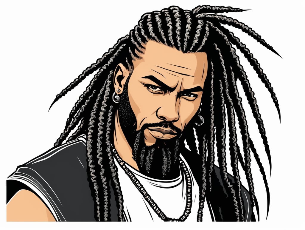 Very arrogant Gangster with dreadlocks, in the style of basic simple line art vector comic art on white background