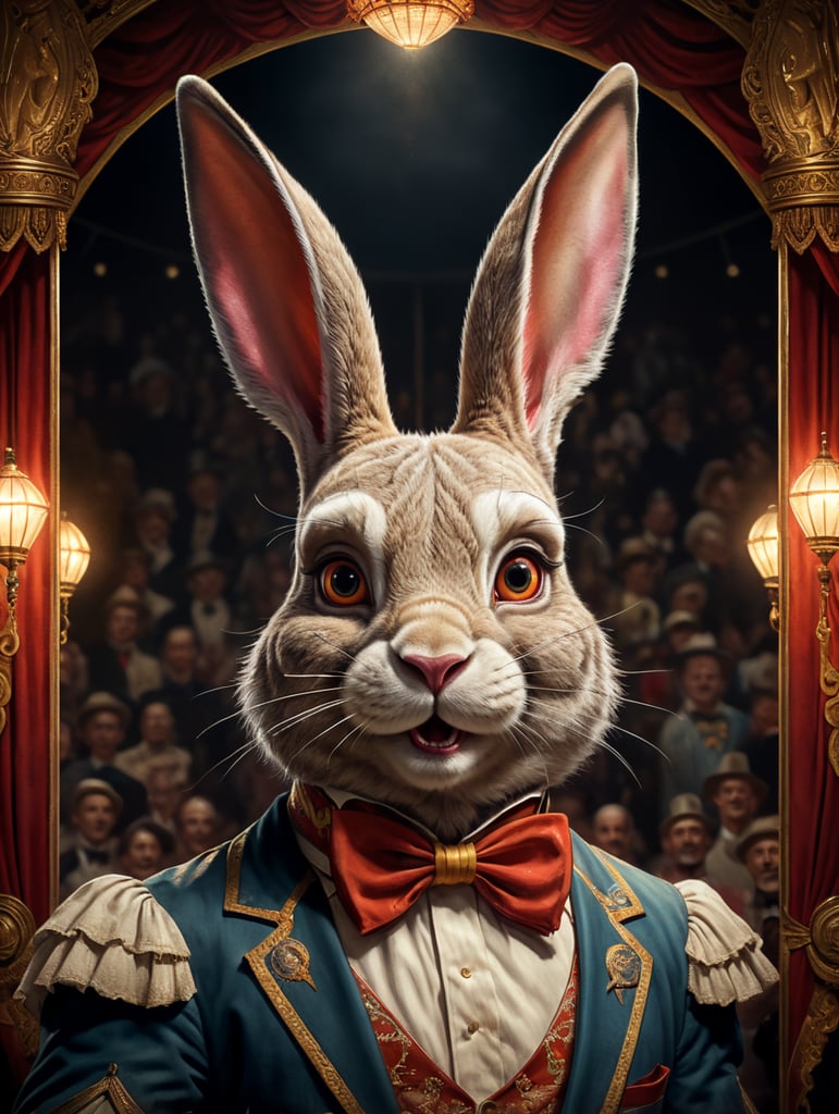 Vintage style circus poster of an anthropomorphic rabbit with the world’s longest ears