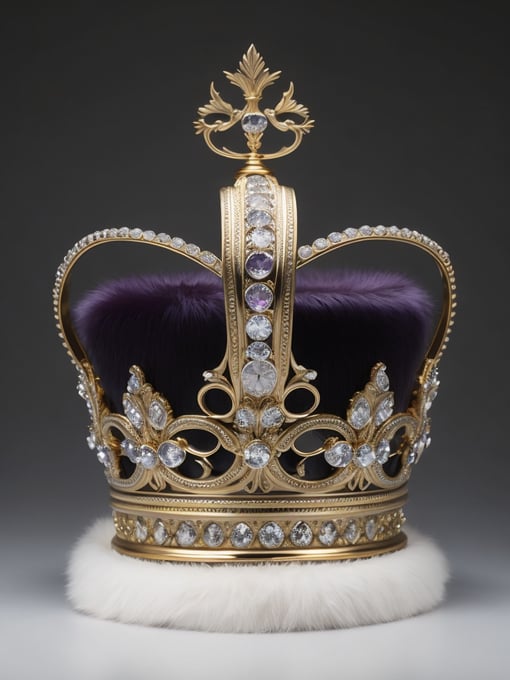 St. Edward’s Gold Crown adorned with gems, Purple velvet, White fox fur, Gray gradient background, Incredibly high detail, deep & bright colors, contrast light