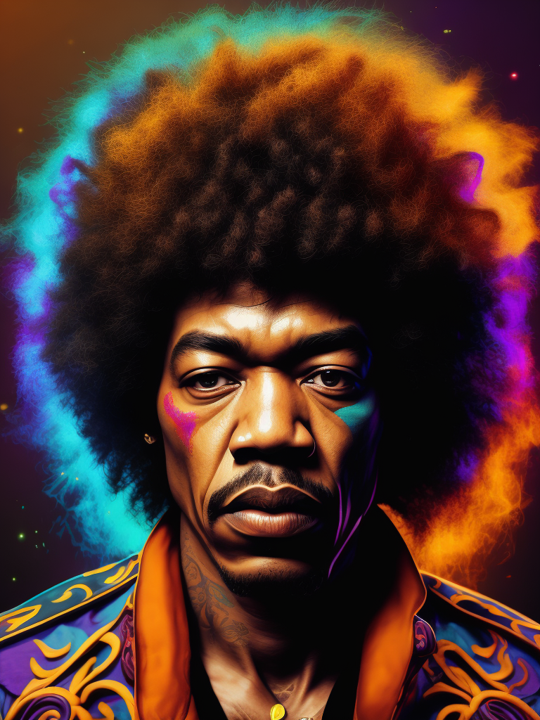 Jimi Hendrix face, front view, color photography