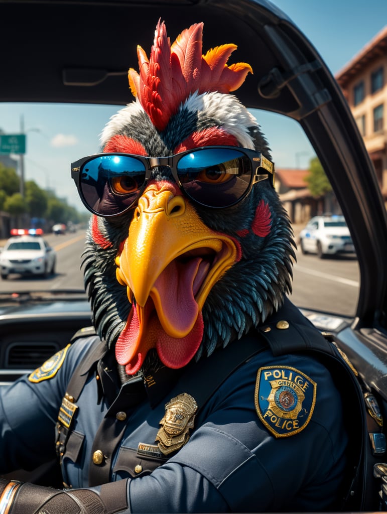 Rooster police officer, sitting behind the wheel of a police car, close-up shot, sunglasses, clipart, stock photo