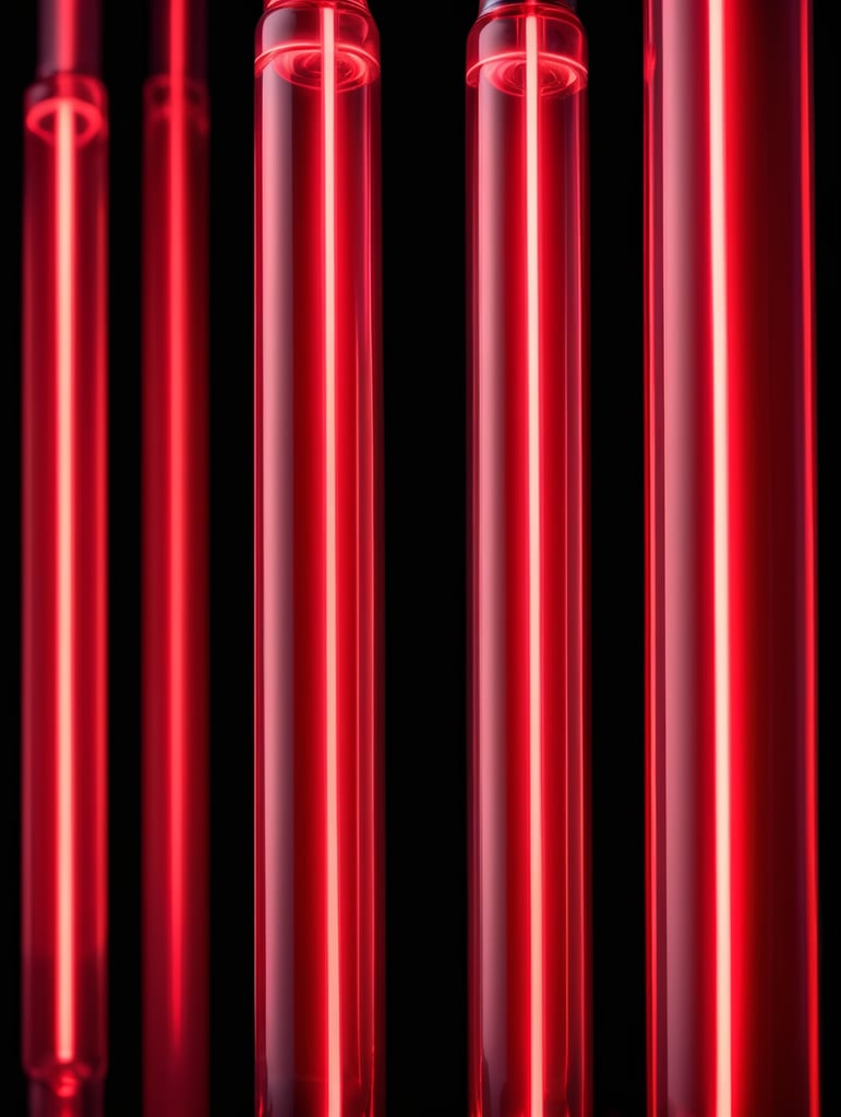 Close-up photo of a neon tube glowing with a bright red light, isolated, black background