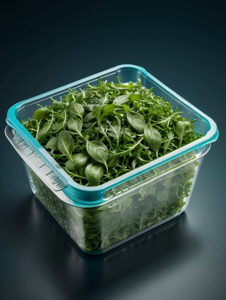 blank Transparent Plastic Container with Arugula Salad, isolated, cyan background, Mockup, mock up