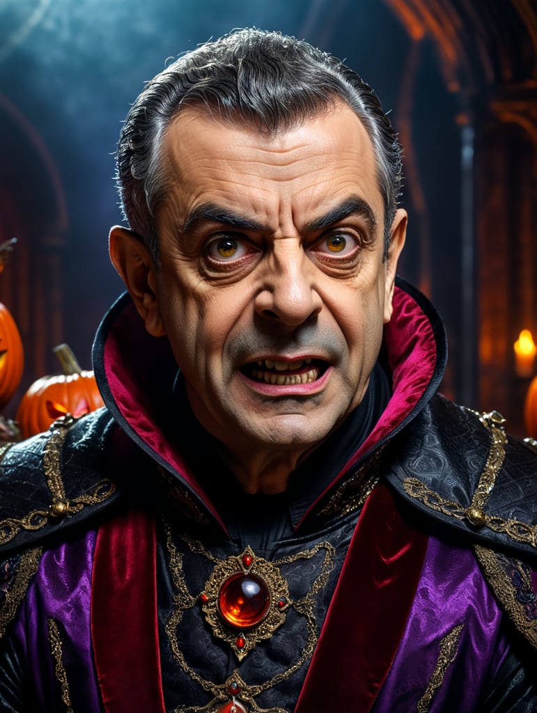 Rowan Atkinson as Drakula wearing spooky Halloween costume, Vivid saturated colors, Contrast color