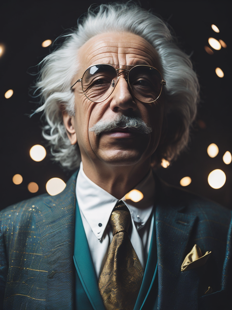 cinematic photo of Albert Einstein in rapper style. Dressed in a flashy suit, sunglasses perched on his nose, holding his Nobel Prize in his mouth like a true boss. Money raining down around him, crisp dollar bills fluttering in the air. A sleek sports car in the background, doors open, ready to ride. Einstein's confident smirk, a swagger in his stance, the embodiment of intellectual cool and unapologetic brilliance. 35mm photograph, film, bokeh, professional, 4k, highly detailed, vibrant, stunningly beautiful, high contrast, ultra-modern