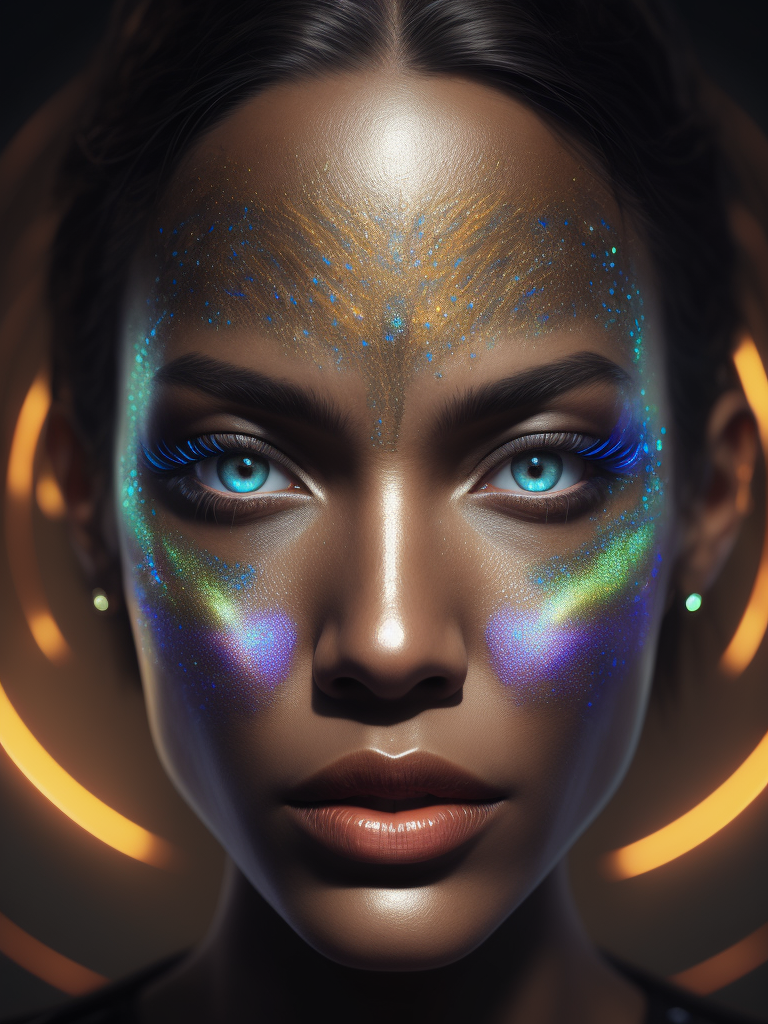 Mesmerizing Holographic face materials shimmer in motion, Photography in the style of Rankin