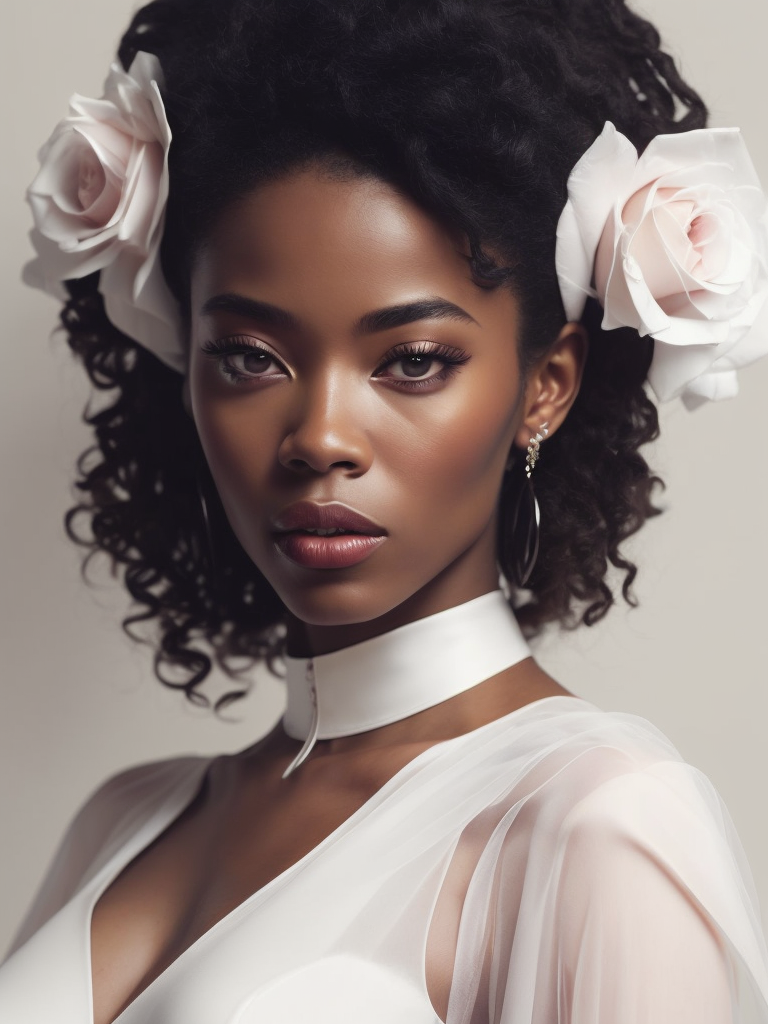 Portrait of a beautiful african american woman wearing a white wedding dress, by tran nguyen