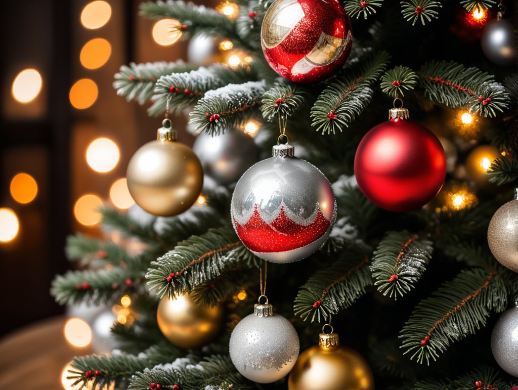 premium christmas tree silver red christmas balls christmas colors snowy christmas festive decorations elegant holiday tree ornaments winter wonderland luxurious christmas decor glamorous holiday theme