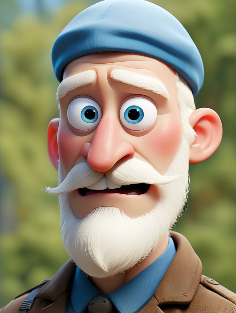 Albino man, blue eyes with a brown litle beard wearing a beret of the same beard color, square jaw shape