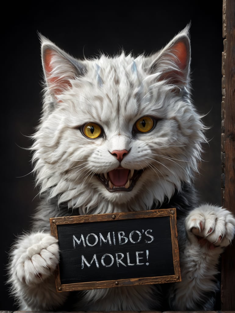 A fluffy Kitty with beautiful eyes holds up a sign