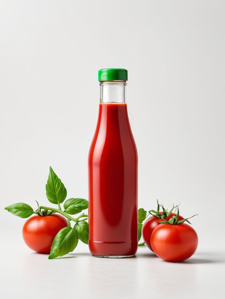 tomato ketchup bottle, red tomato with green leaves, isolated, white background, mockup