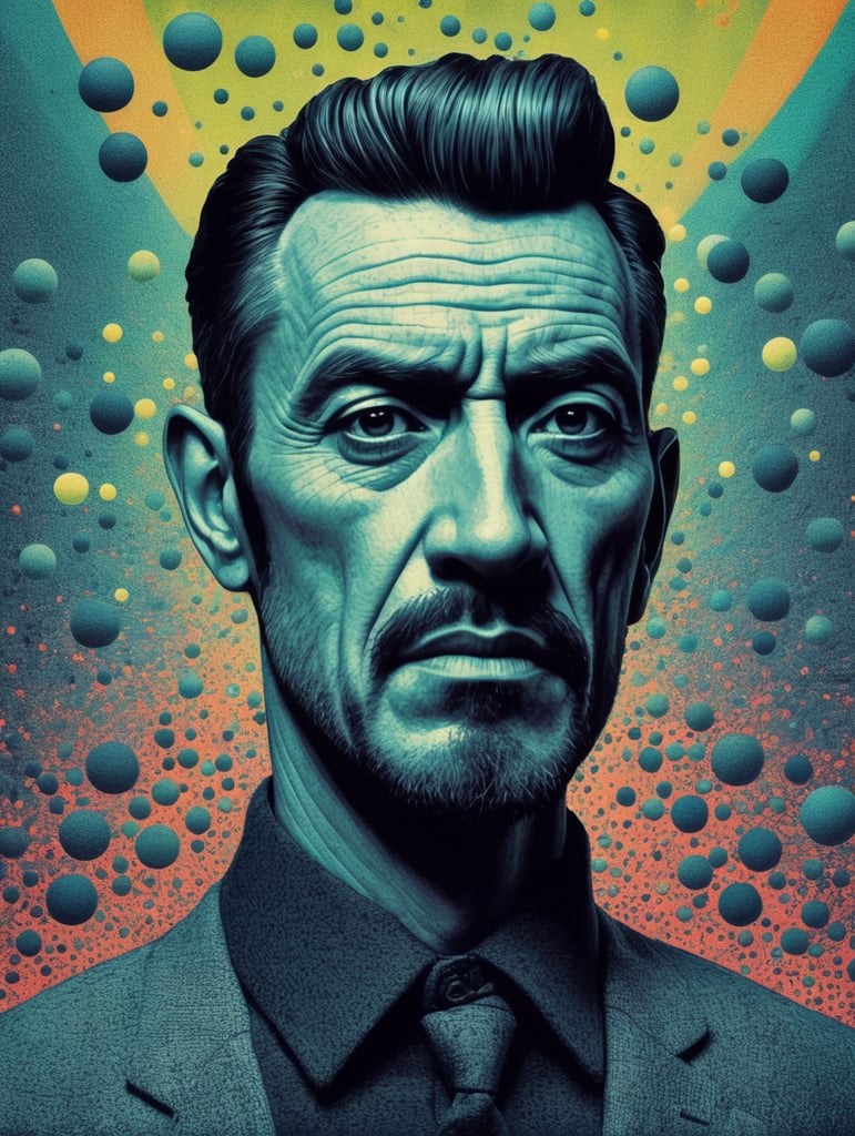 an illustration of a man, animation, halftone print, made of felt, abstract surrealism, surreal, neo-expressionism, hyper-detailed