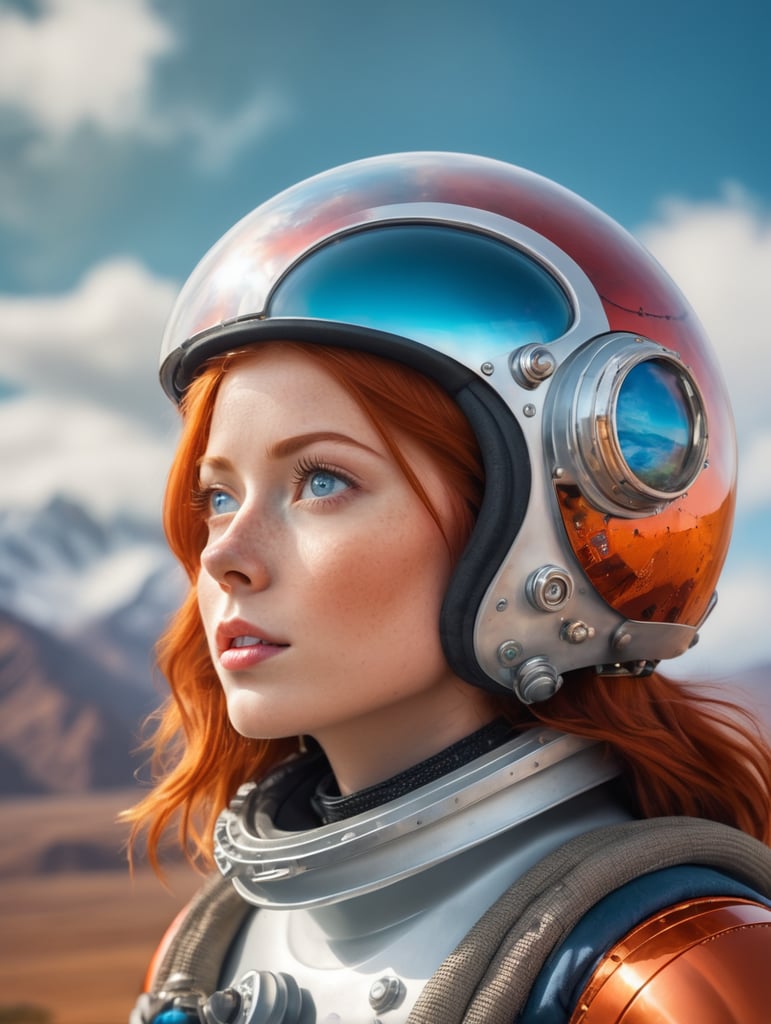 close up portrait three quarters, beautiful girl blue eyed red hair freckles looking up wearing futuristic astronaut helmet, amazed expression, sky and mountains background, sunny editorial lighting, vivid colors, detailed image