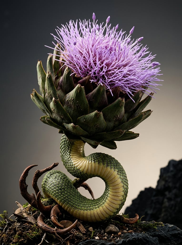 surreal hybrid plant, artichoke-like flower head with thick dark green scales, dense light purple stringy filaments blooming from the center, brown claw-like tendrils at the base, thick twisted stalk resembling a coiled snake, bumpy green reptilian scales with a pale yellow underbelly, smooth dark grey to pale beige gradient background, dark rocky silhouette in bottom right, hyper-realistic macro photography, dramatic studio lighting highlighting organic textures, sharp focus