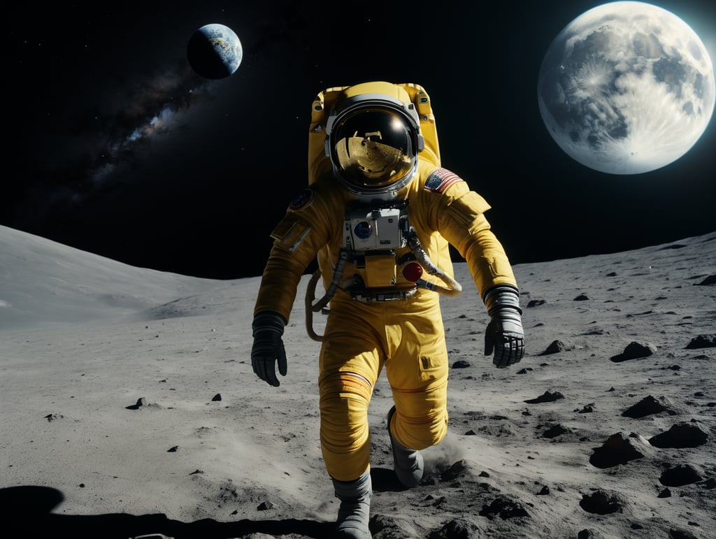 low gravity, astronaut man wearing a yellow space suit, running into the moon, earth behind, outdoor, galaxy, no flag arm
