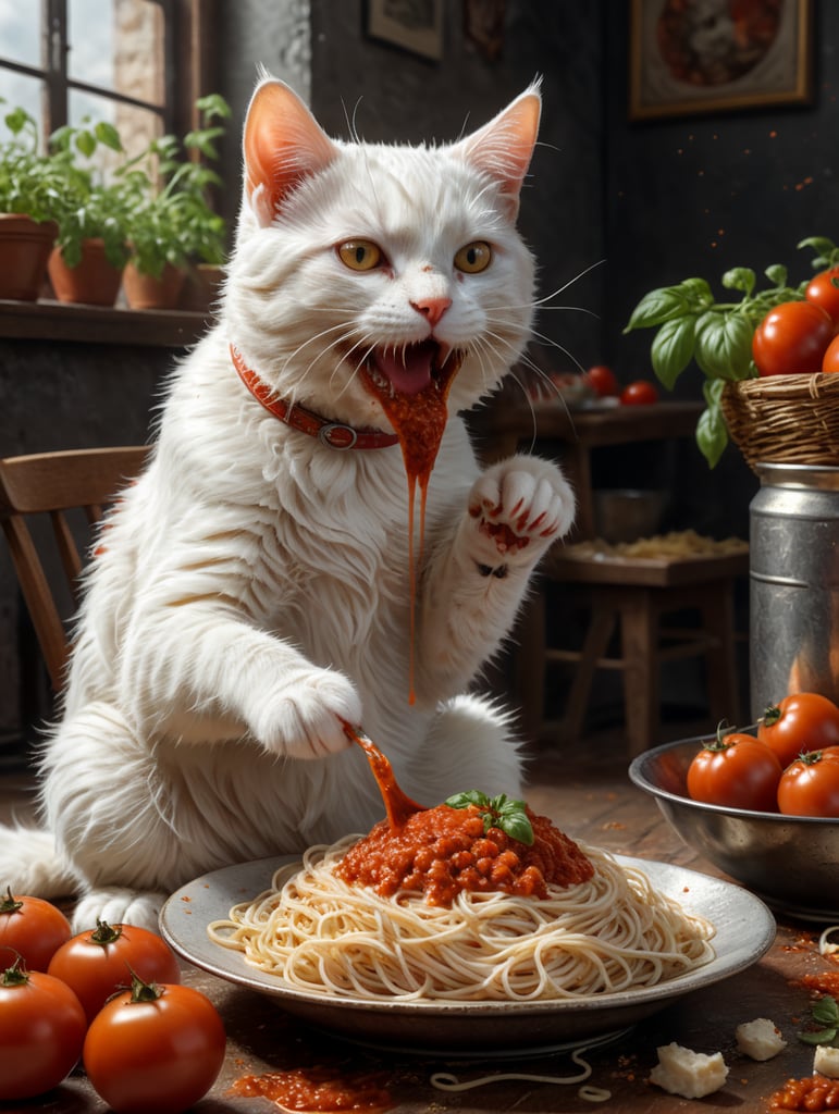 A cute white cat with brown spots eating messy spaghetti with tomato sauce, illustration by Hergé, perfect colours