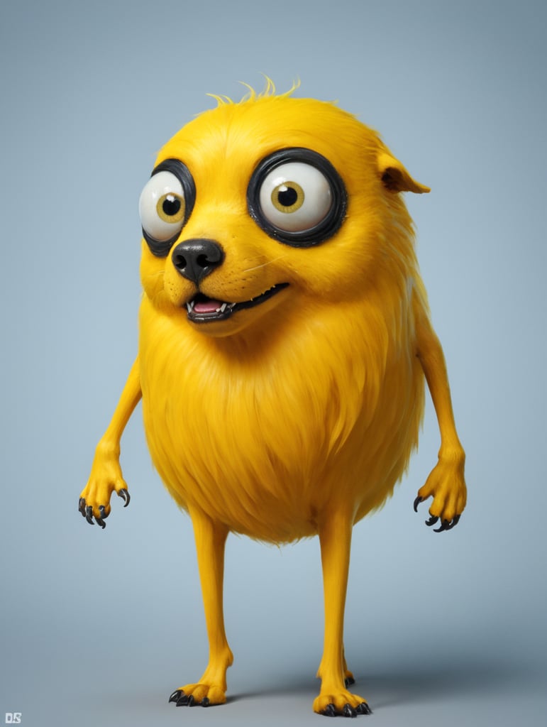 anatomie d'un chien jaune et elastique , il a de grands yeux blanc au centre et noir en contour. des nerfs et des veines sillonnent son corps et il fait un pet dont la fumee est verte