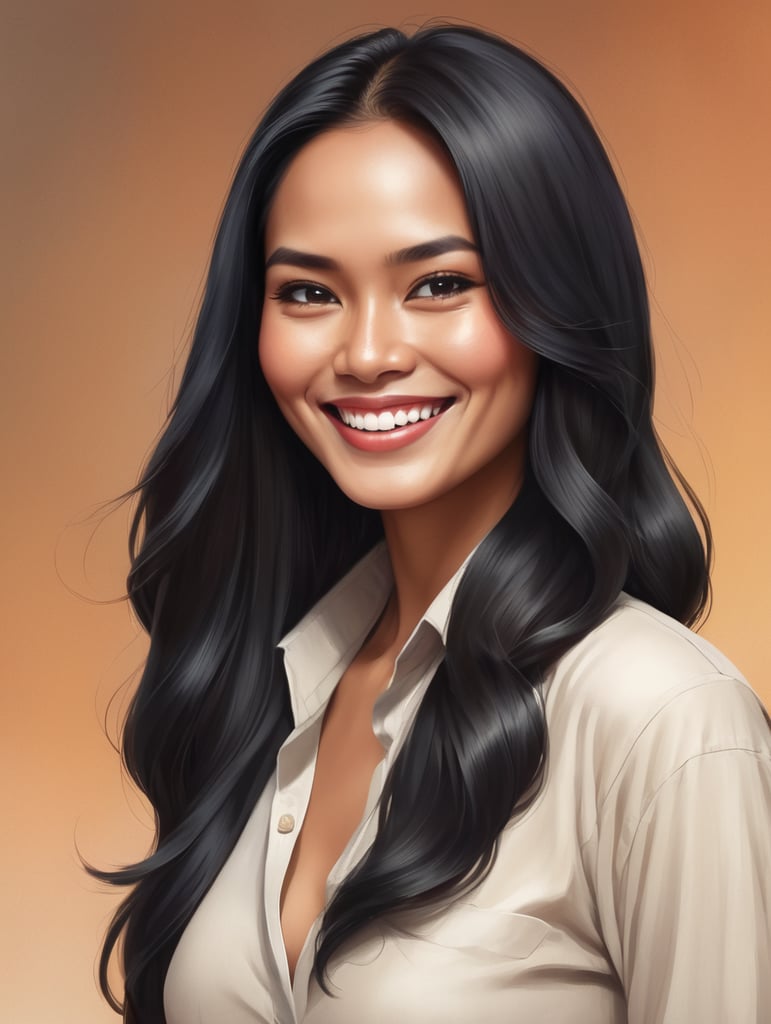 indonesian woman, wearing an unbuttoned shirt, smiling, long black hair