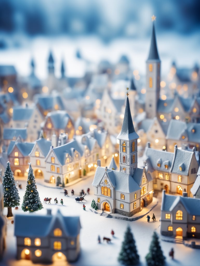 tilt shift photography of a Christmas medieval fantasy miniature city, depth of view, sunny, at night, snowy weather