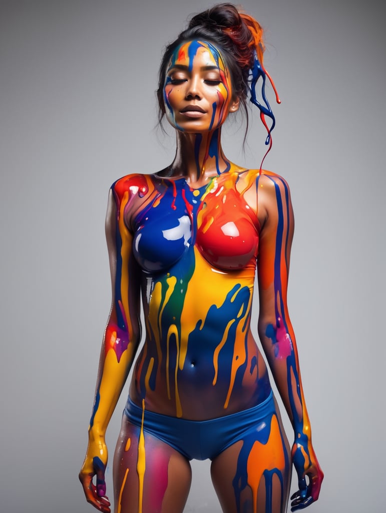 Woman with colorful paint on her body and arms, melted body, the paint is flowing, creative, bright colors
