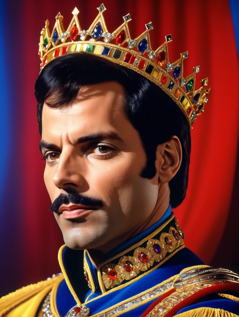 Portrait of Freddie Mercury wearing the Queen's crown, royal mantle, Vivid saturated colors, Contrast light, studio photo, professional photo, Detailed image, detailed face