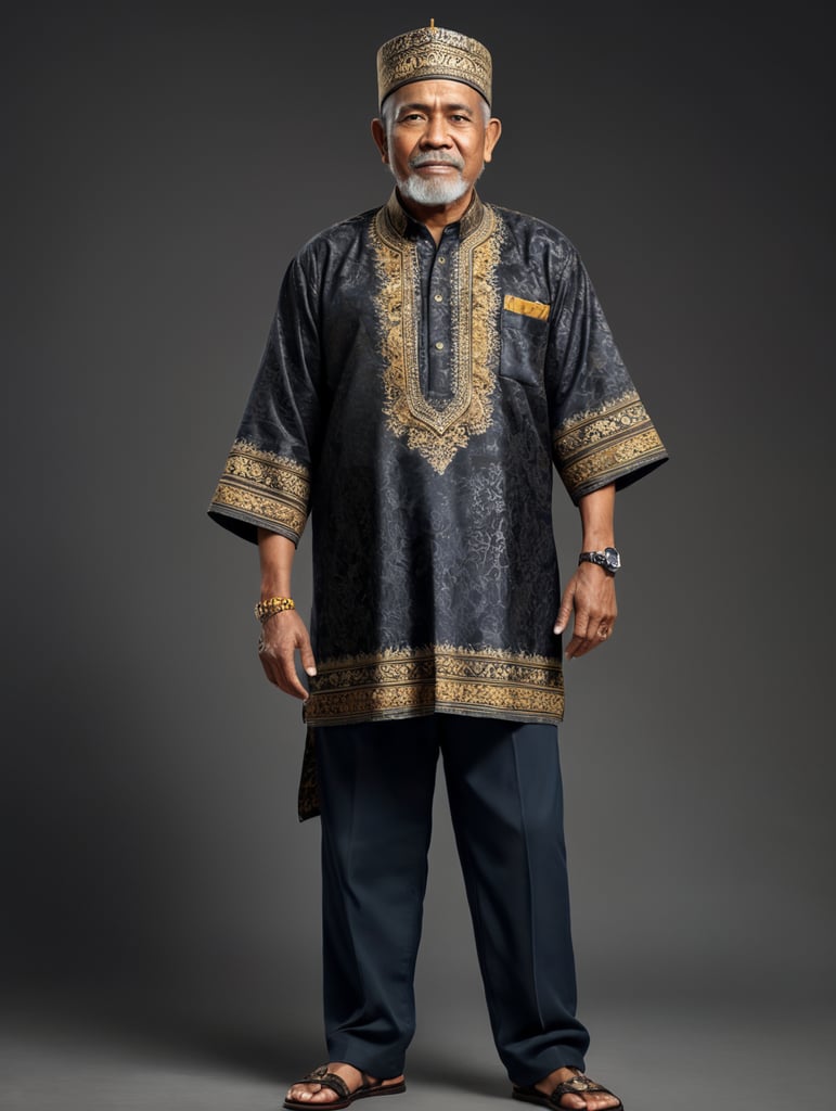 70 year old indonesian Muslim man, wearing songkok, wearing batik shirts , standing with full body