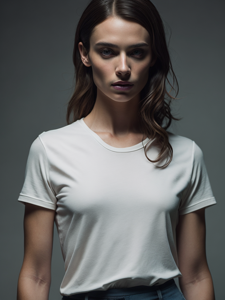 a torso of a man wearing a white t-shirt, front view, grey background